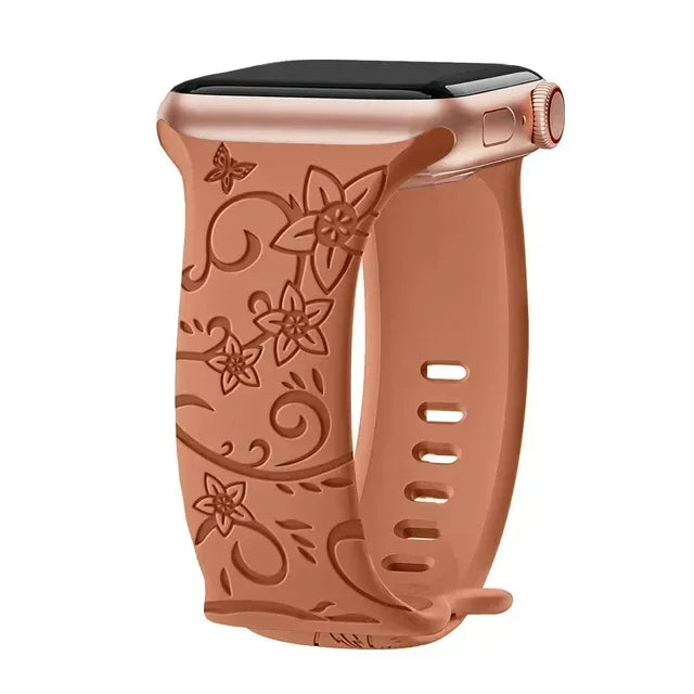 Floral Engraved Strap For Apple Watch Band 40mm 44mm 41mm 49mm 45mm 38mm 42mm silicone bracelet iwatch series 9 7 se 6 8 ultra 2 Qme Wildflower Brown 42mm 44mm 45mm 49mm