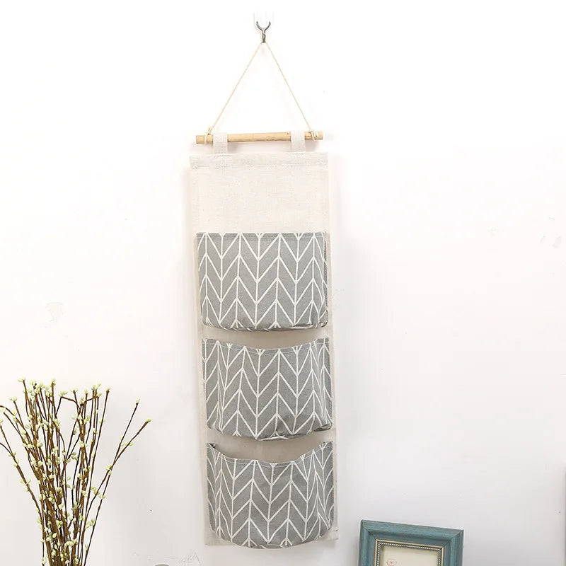 1PC Three Pockets Hanging Wall Storage Bag Household Bedroom Living Room Kitchen Cotton Linen Storage Bag Qme Grey 3