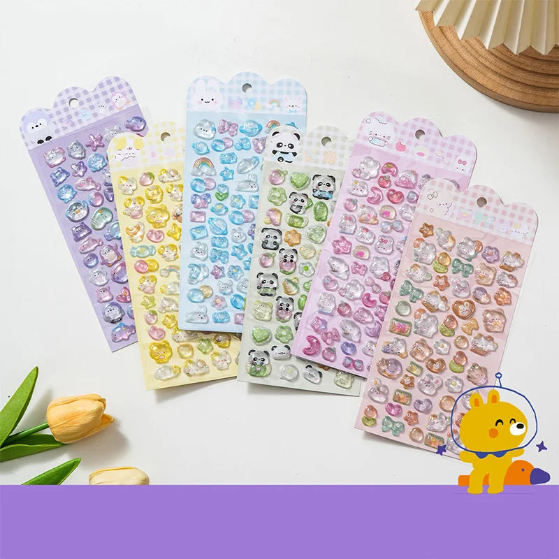 Cute Cartoon Animal 3D Solid Clear Crystal Embossed Stickers for DIY Scrapbook Phone Case Decoration Birthday Gift Reward Qme