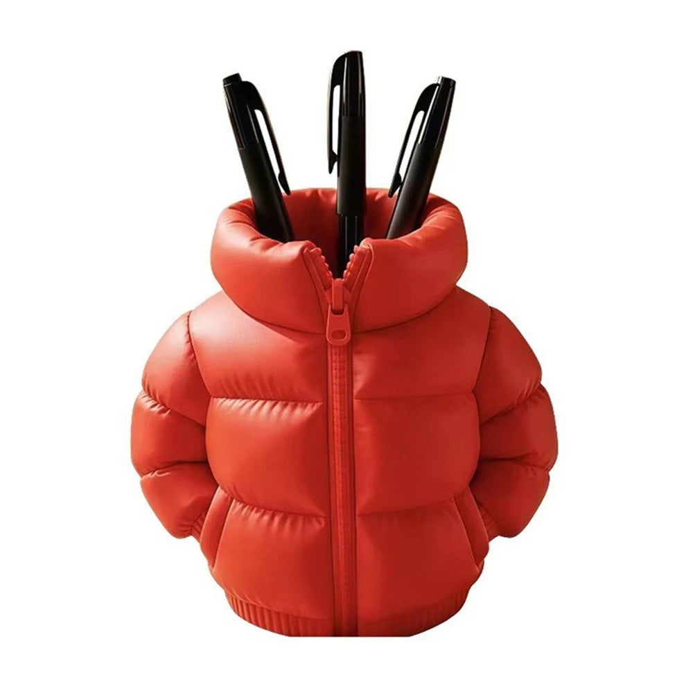 Down Jacket-Shaped Pen Holder Desktop Organizer for Stationery Makeup Brushes Home Office Shelf Decor, for Shool Gift Qme Red 10x10CM
