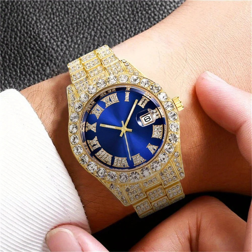 Mens Hip Hop Watch VintagInspired Retro Quartz Timepiece with Oversized Rhinestone Dial and Durable Stainless Steel Band for Men Qme Golden Blue