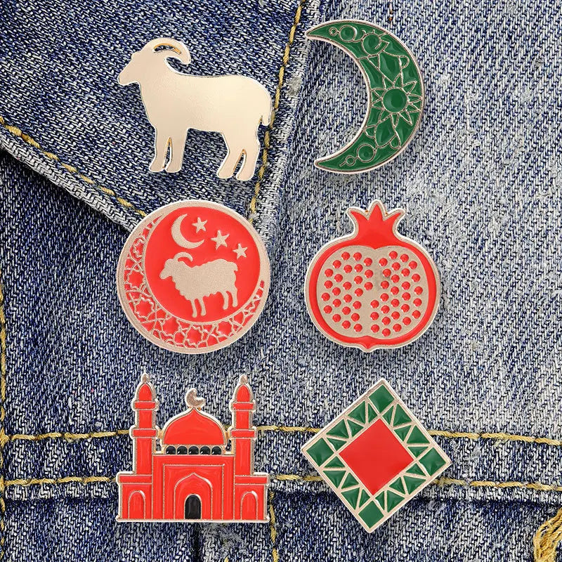 Arabic Muslim Eid Decor Brooch Metal Enamel Lapel Pin Moon Sheep Mosque Pomegranate Pattern Ramadan Festival Gift Badge Qme