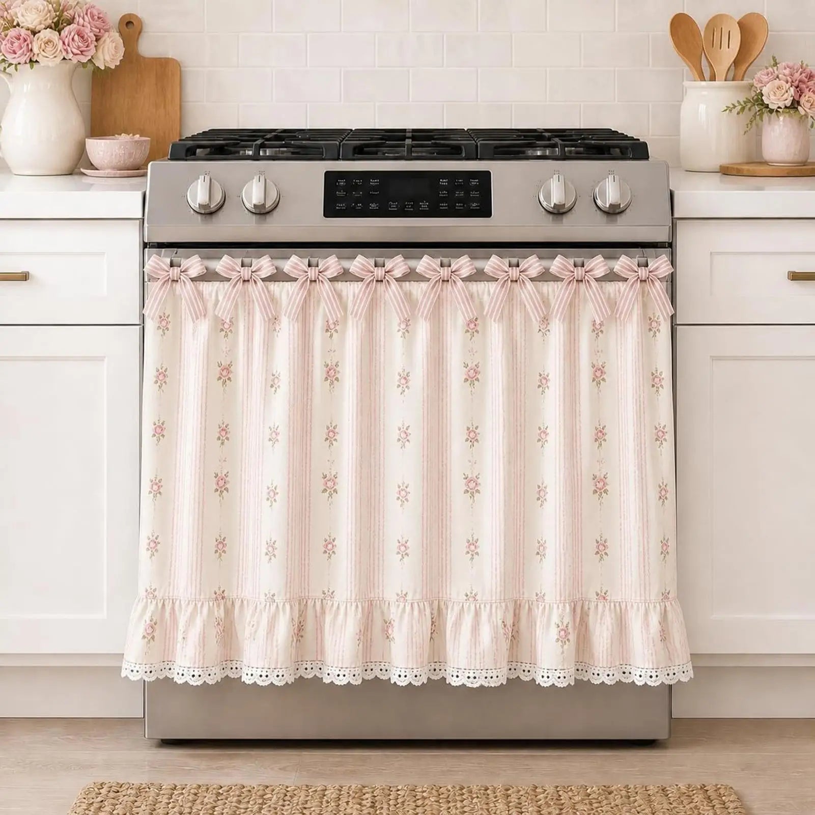 Farmhouse Oven Skirt Farmhouse Lace Ruffle Trim Stove Skirt Stove Curtains With Ties For Cottage Kitchen Cabinet Window Qme