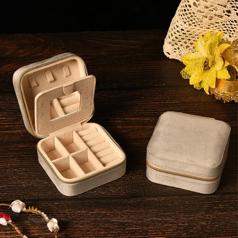 Velvet Jewelry Box For Women and Girls Necklace Ring Earrings Travel Portable Zipper Square Jewelry Storage Case with Mirror Qme Light Grey