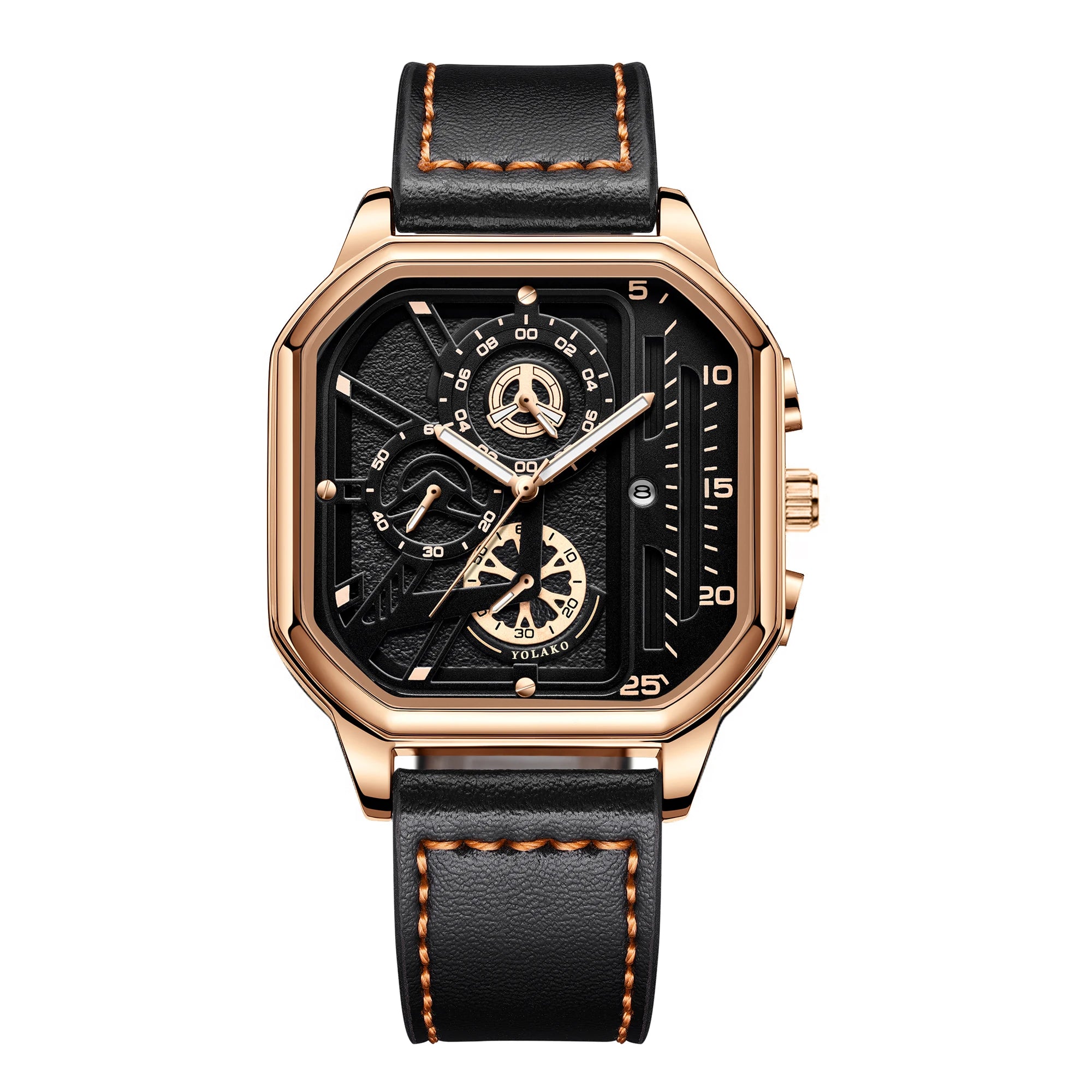 Luxury Square Case Men Chronograph Wristwatch, Multi-Subdial Hollow Dial Black Gold Accent Leather Strap Sport Business Quartz Qme C