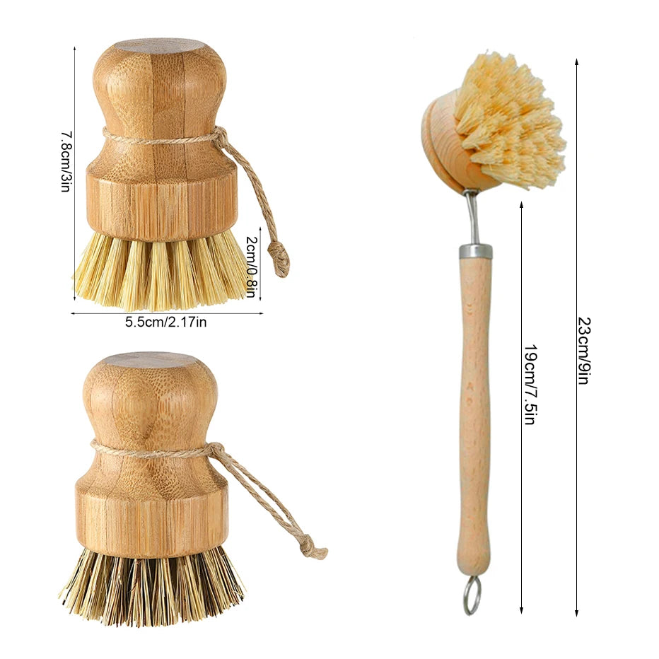 Bamboo Kitchen Cleaning Brush Natural Dishes Pots Pans Sink Washing Brush Eco-friendly Clean Scrubber with Draining Storage Tray Qme