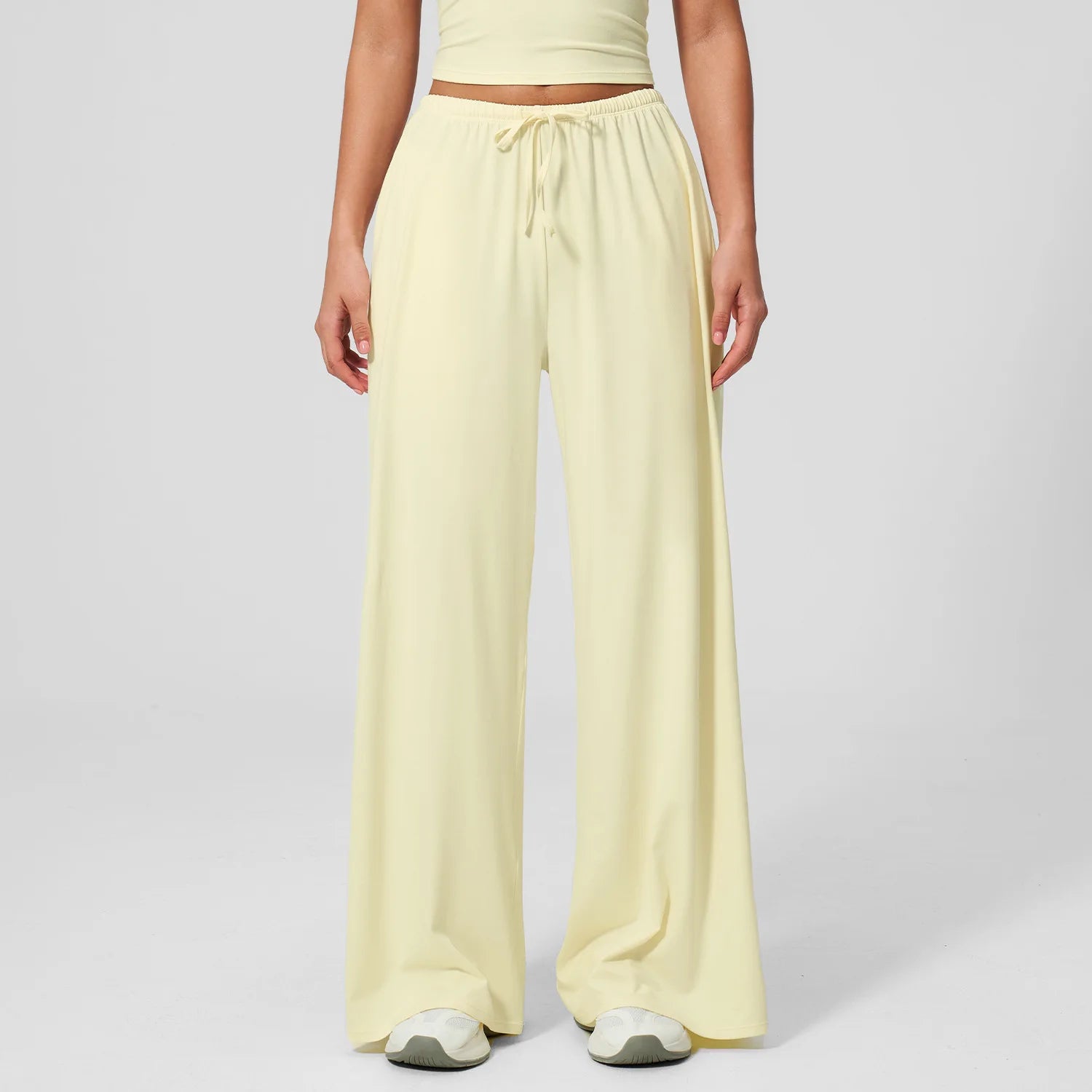 A Women Drawstring High Waist Sports Pants Quick Dry Full Length Wide Leg Yoga Trousers With Pockets For Workout Outdoor Use Qme milk yellow L