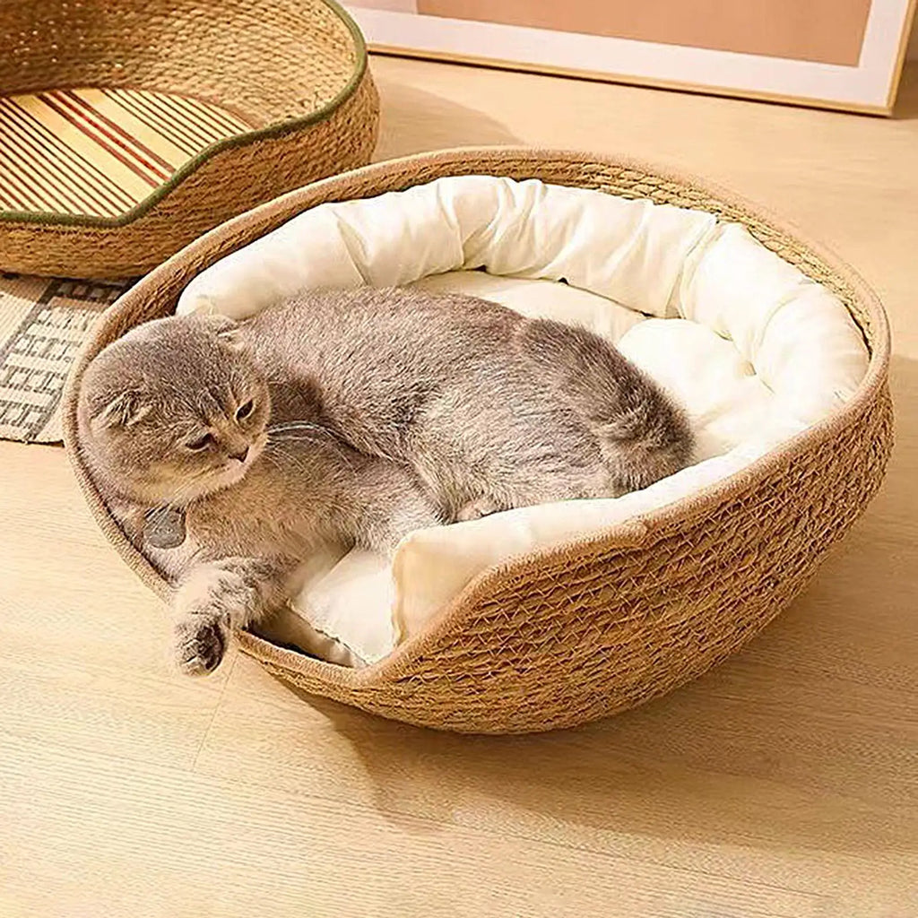 Cat Basket Cotton Rope Round Bed for Cat Sleep with Pillow All Season Indoor Weaving Pet Resting Scratching Sleeping Furniture Qme
