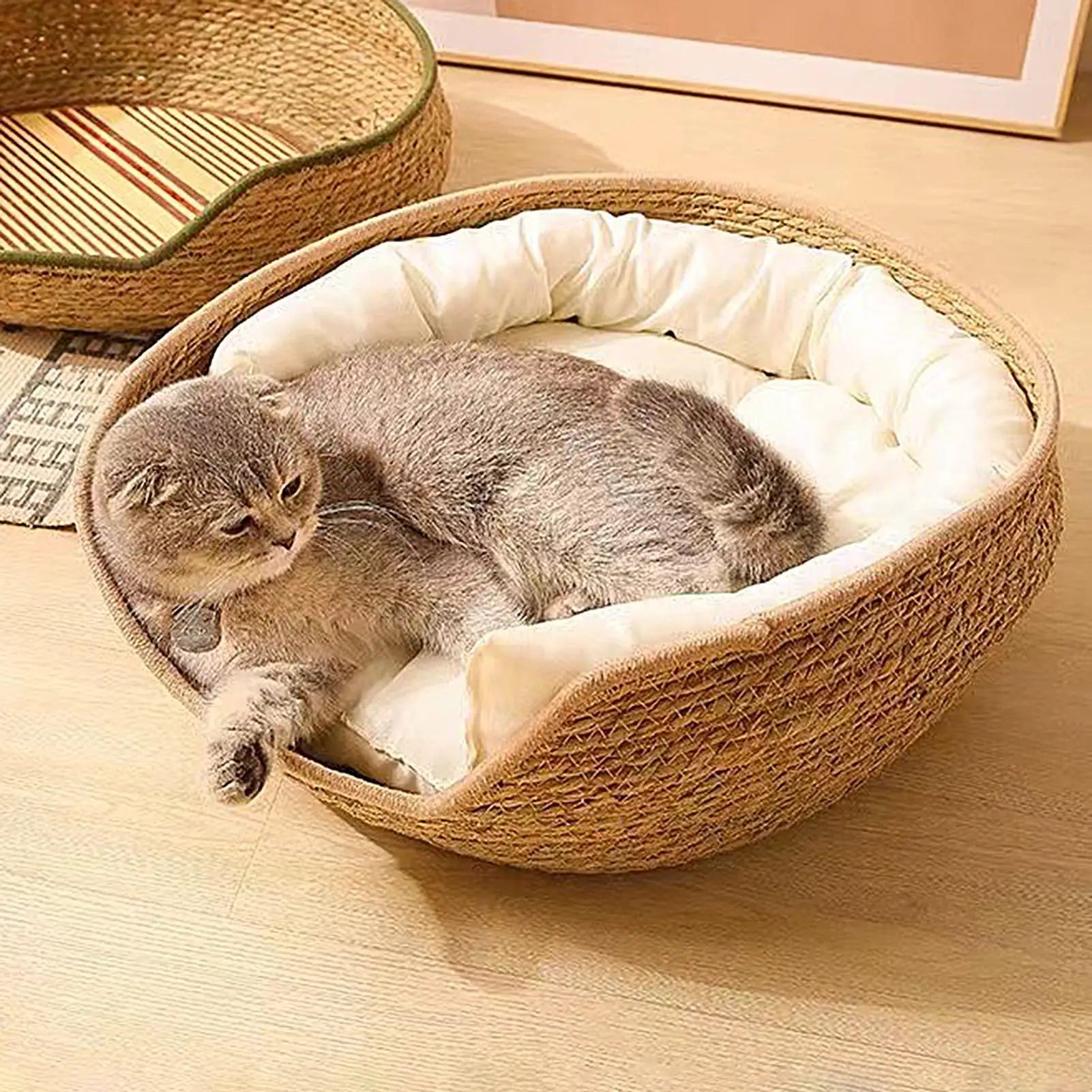 Cat Basket Cotton Rope Round Bed for Cat Sleep with Pillow All Season Indoor Weaving Pet Resting Scratching Sleeping Furniture Qme