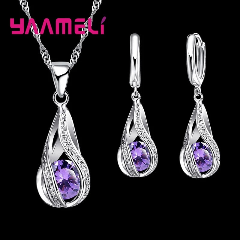 Hot Water Drop CZ 925 Sterling Silver Plated Jewelry Set For Women Pendant Necklace Hoop Earrings Wedding Party Ceremoey Anel Qme Purple