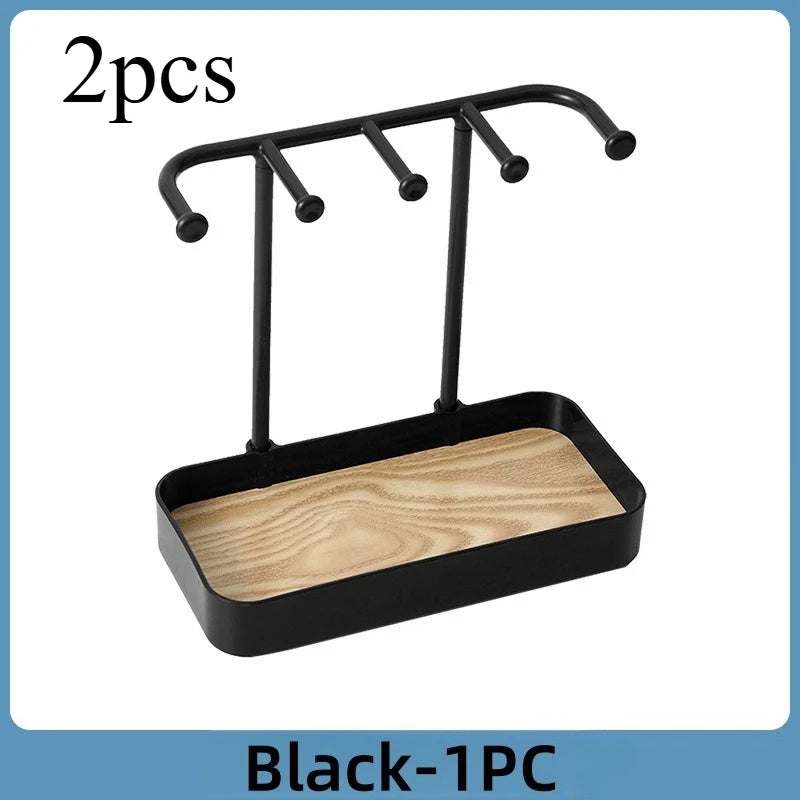 Jewelry Organizer Stand with Tray & Frame - Multi-Tiered Necklace Holder with Hanging Hooks, Earrings Display Rack, Bracelet Qme black 20 19 10cm