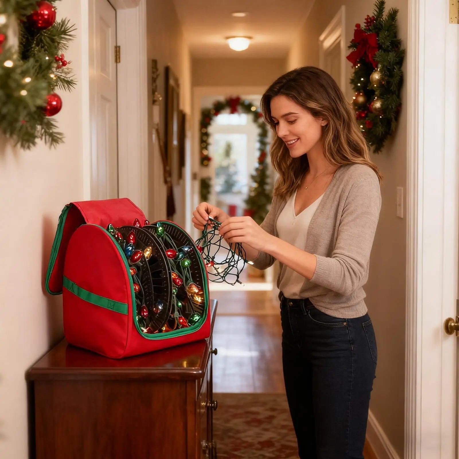 Christmas Lights Bag Large Capacity Portable Tear Proof Holiday Lights Winder Organizer for Home Apartment Bedroom Living Qme