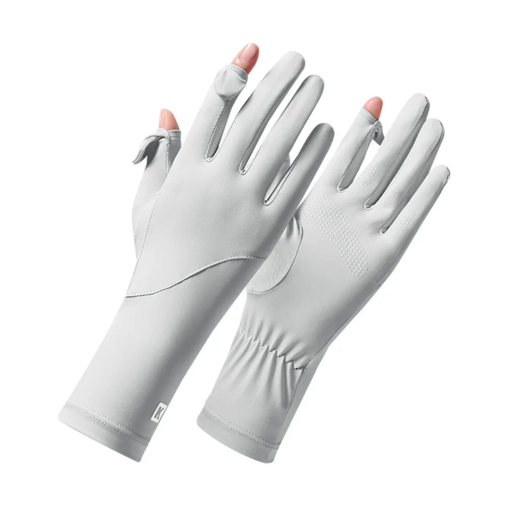 Ice Silk Women Sunscreen Gloves Anti-UV Breathable Sun Protection Riding Gloves Non Slip Touch Screen Summer Driving Gloves Qme Light Grey