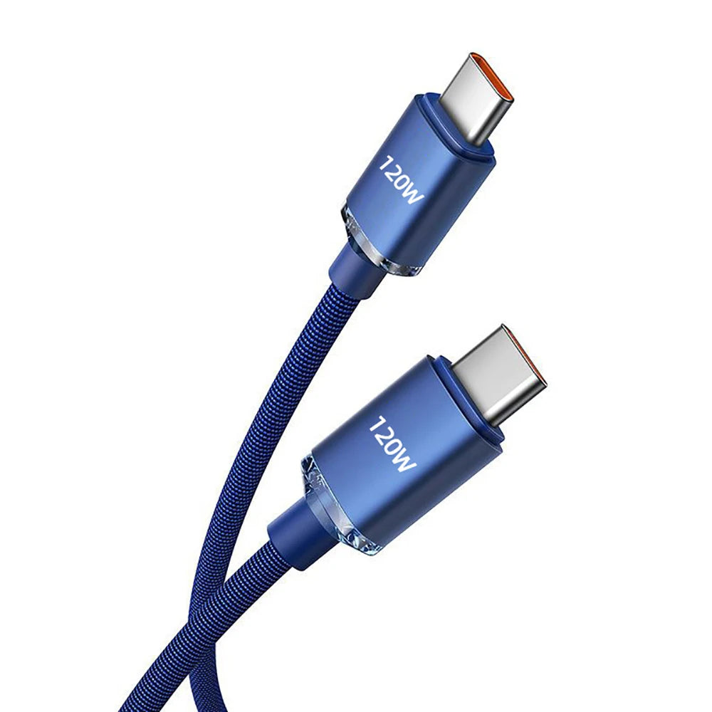 120W 6A PD Fast Charging Cable USB C to C Dual Type C Braided Quike Charging Phone Charger Data Cord For Xiaomi Huawei Samsung Qme Blue 2m