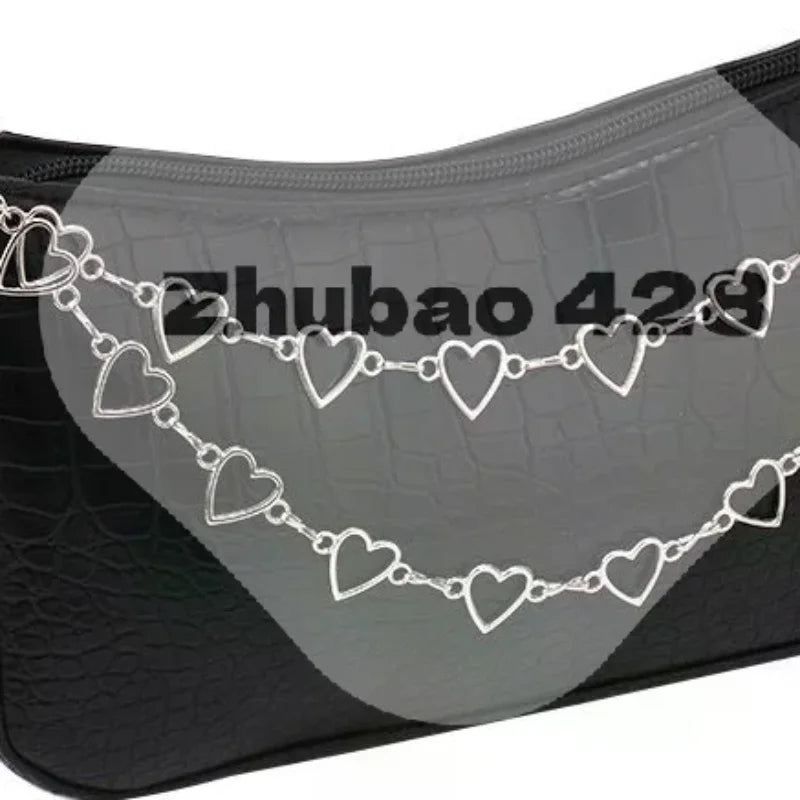 Faux Leather Shoulder Bag Silver Heart Chain Glossy Black Large Capacity for Family Gathering Outdoor Picnic Qme