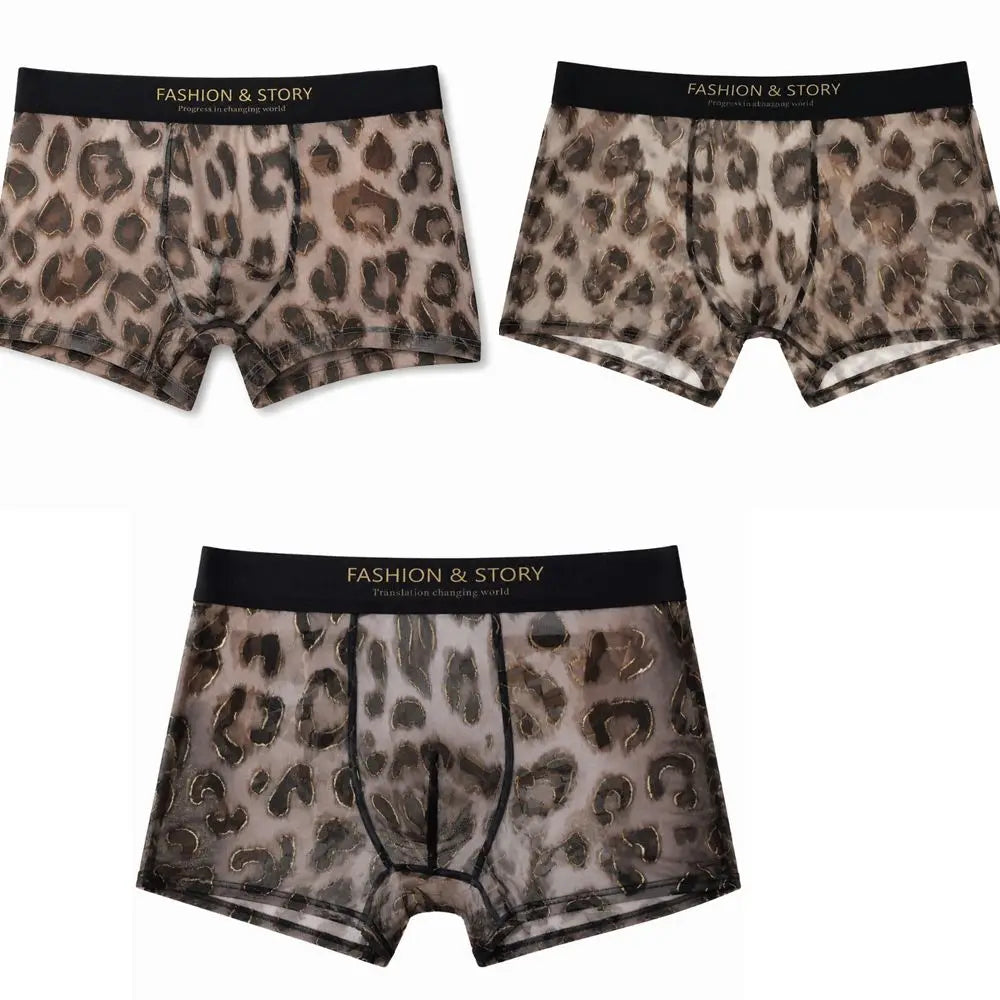 Cool Leopard Print Men's Ice Silk Boxer Underwear Ultra Thin Mesh Qme