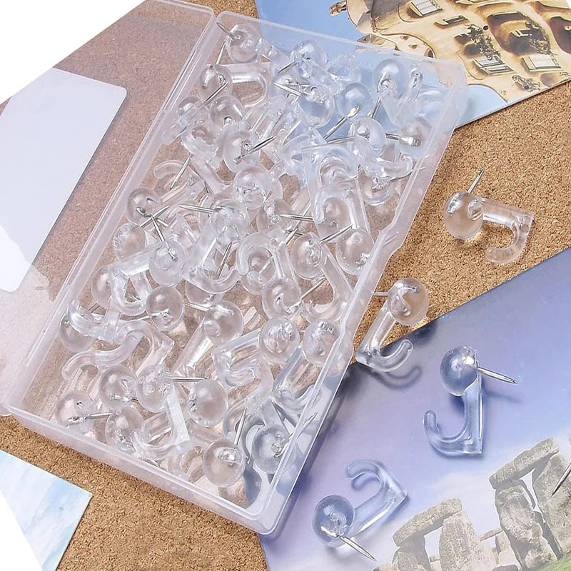 Thumb Tacks Hook Back Push Pins Cork Board Black Transparent Plastic Qme