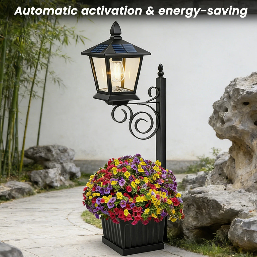 2-in-1 Solar Planter Lamp Waterproof IP54 Vintage Solar Porch Light Auto On/off Sensor Front Porch Decor (No Flowers Included) Qme