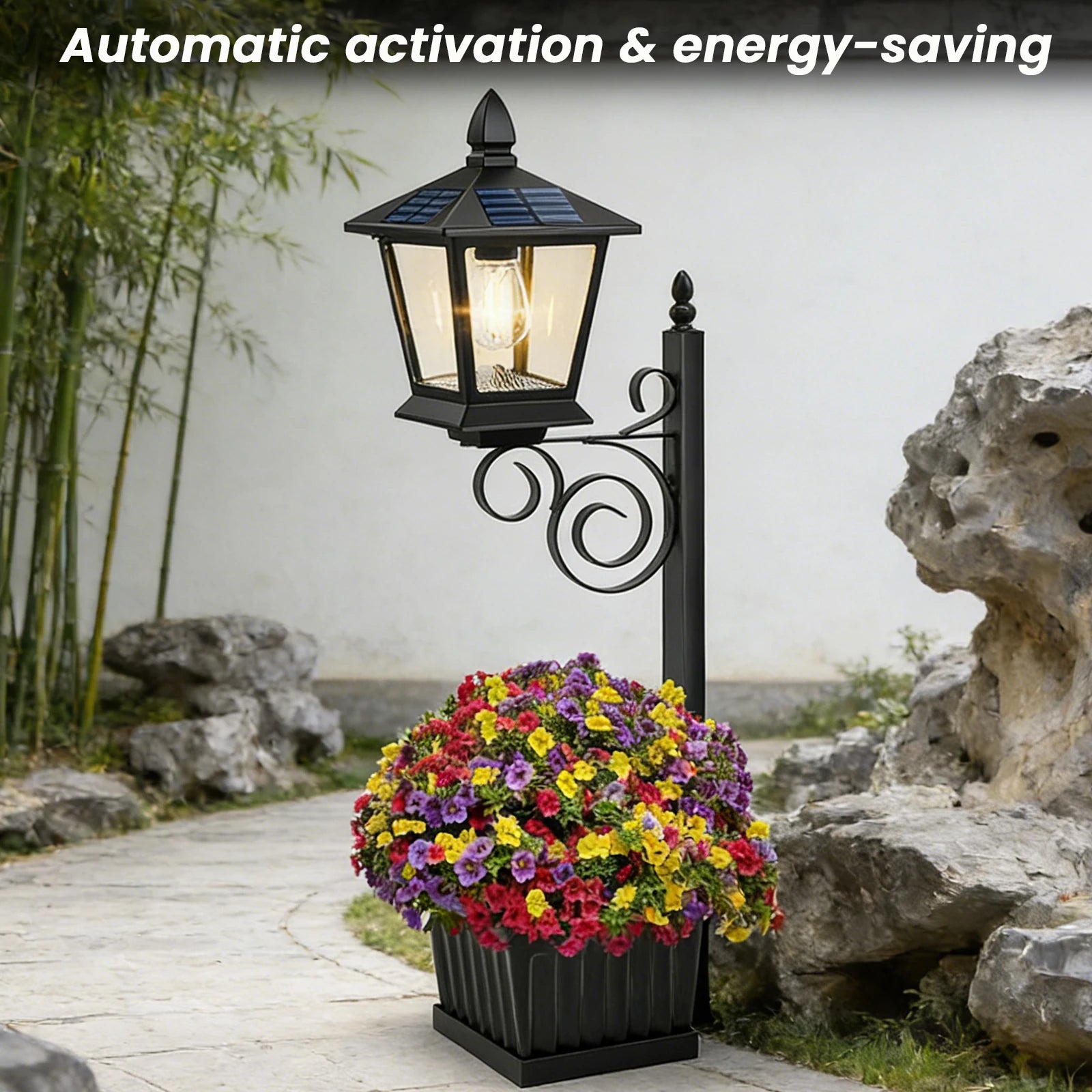 2-in-1 Solar Planter Lamp Waterproof IP54 Vintage Solar Porch Light Auto On/off Sensor Front Porch Decor (No Flowers Included) Qme