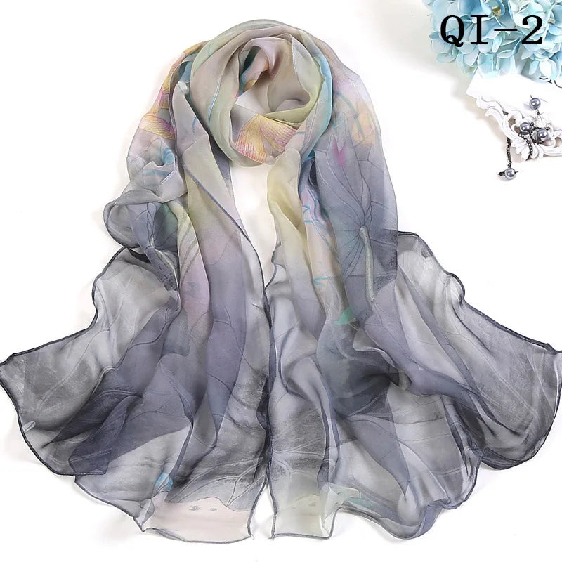 Painting Lotus Beach Sun Protection Chiffon Georgette Scarf Women Foulard Scarf Shawls Female Long Wraps Beach Sunscreen Hijab Qme QI-2