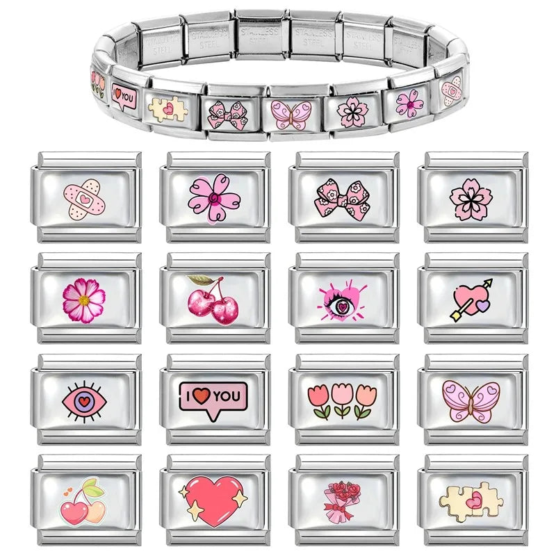 2026 Pink Love Heart Eyes OneArrow through the heart Italian Charms Link 9mm Sliver Modular Bracelet Stainless Steel DIY Jewelry Qme