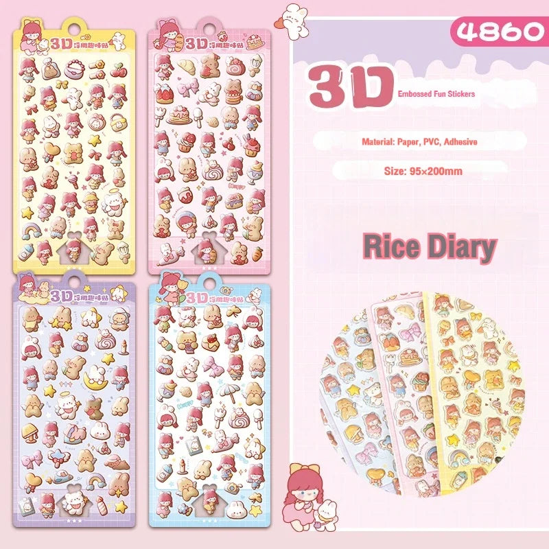 4 Sheets/Bag Capybara Panda Dinosaur CharacterTheme Outline 3D Sticker Set for DIY Scrapbook Phone Case Notebook Decora Craft Qme Rice