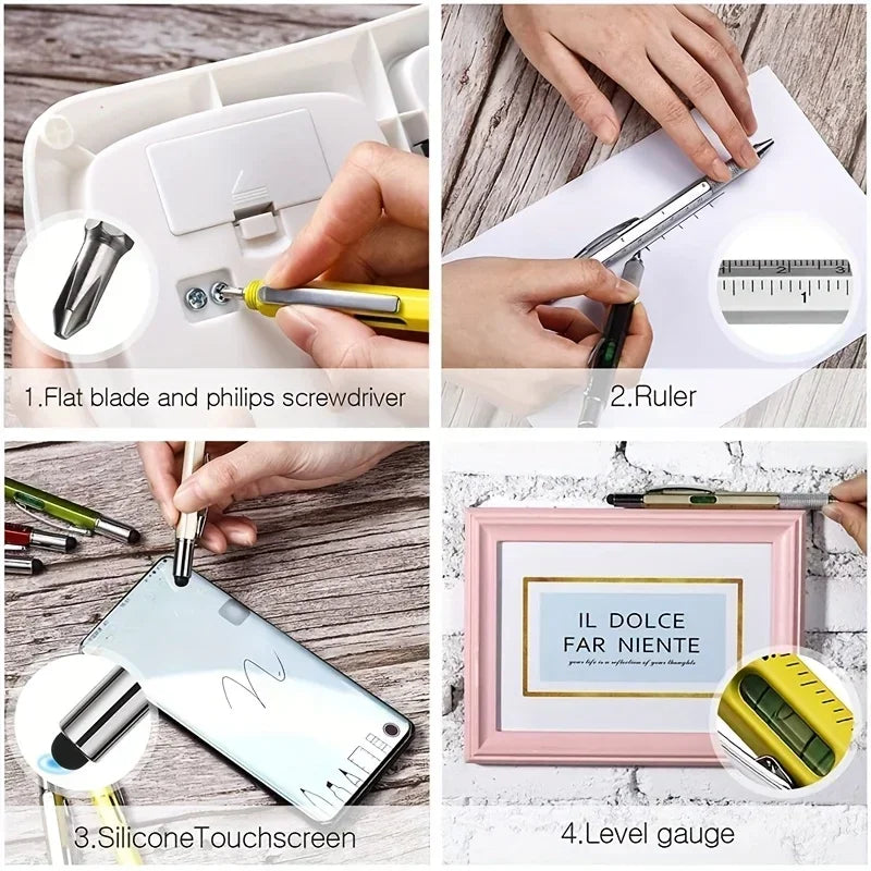 4pcs Father's Day Gift 6-in-1 Multi Functional Pen Set with Pen Core Screwdriver Ruler Level Birthday Graduation Qme