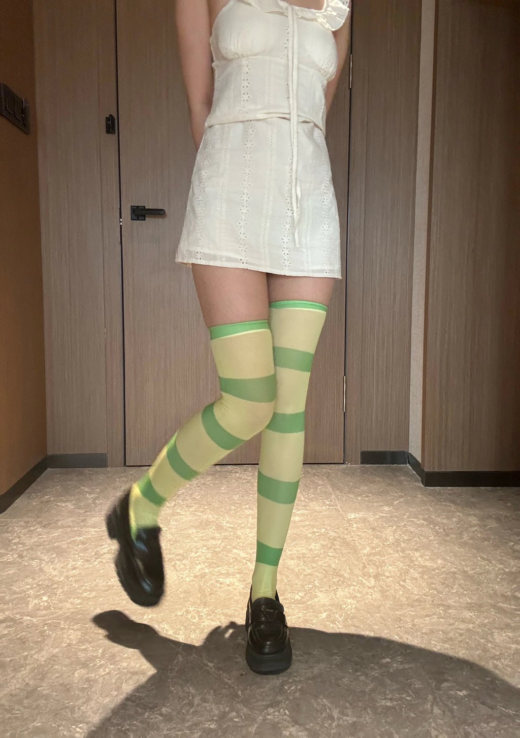 Anime Green White Horizontal Striped Over-the-knee Stockings Fashion Qme