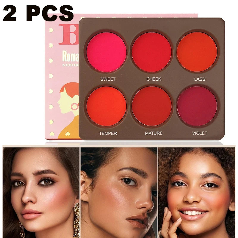 6 Colors Waterproof Matte Blush Palette Medium Buildable Coverage Long-Lasting Natural Finish Light and breathable, Qme 2 PCS