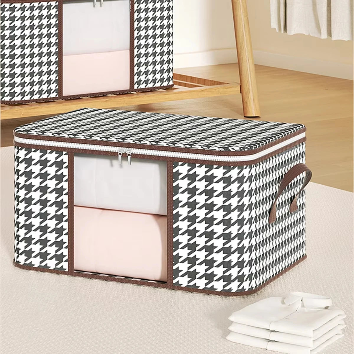 Visible Large Capacity Storage Box Portable Household Clothes Organizer With Handles Foldable Dustproof Quilt Zipper Container Qme