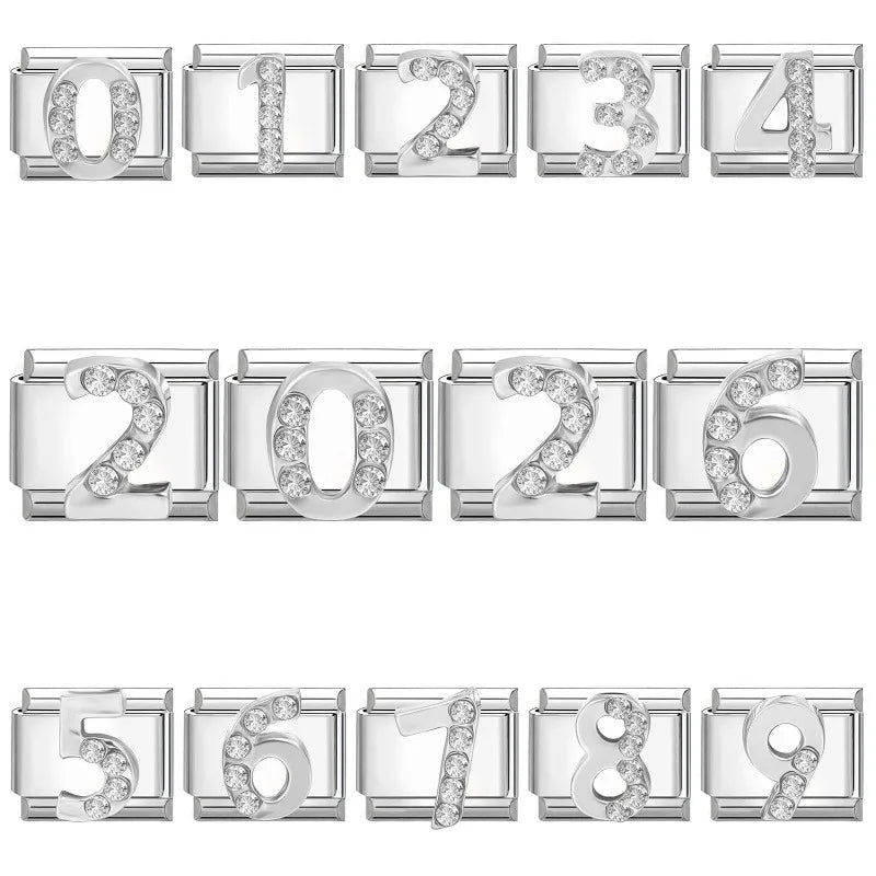 Hot Selling Shiny Zircon Numbers 0-9 Italian Charm Link 9mm Stainless Steel Modular Bracelet Jewelry Accessories DIY Wholesale Qme