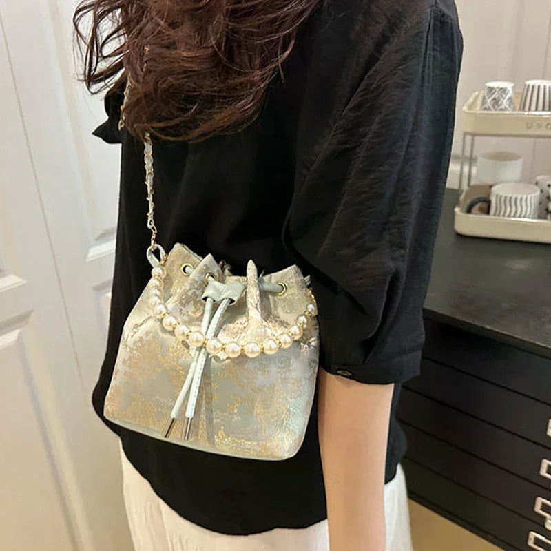 Pearl Chain Bucket Bag Women's Shoulder Bag Simple New Chinese Style Retro Crossbody Bag Qme
