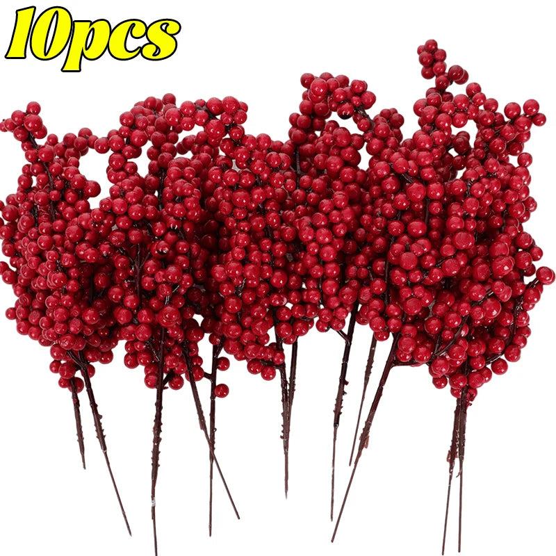 Artificial Berries Branches Christmas Red Holly Berry Stem DIY Flowers Simulation Plant Xmas Tree New Year Party Decor Ornaments Qme 10PCS