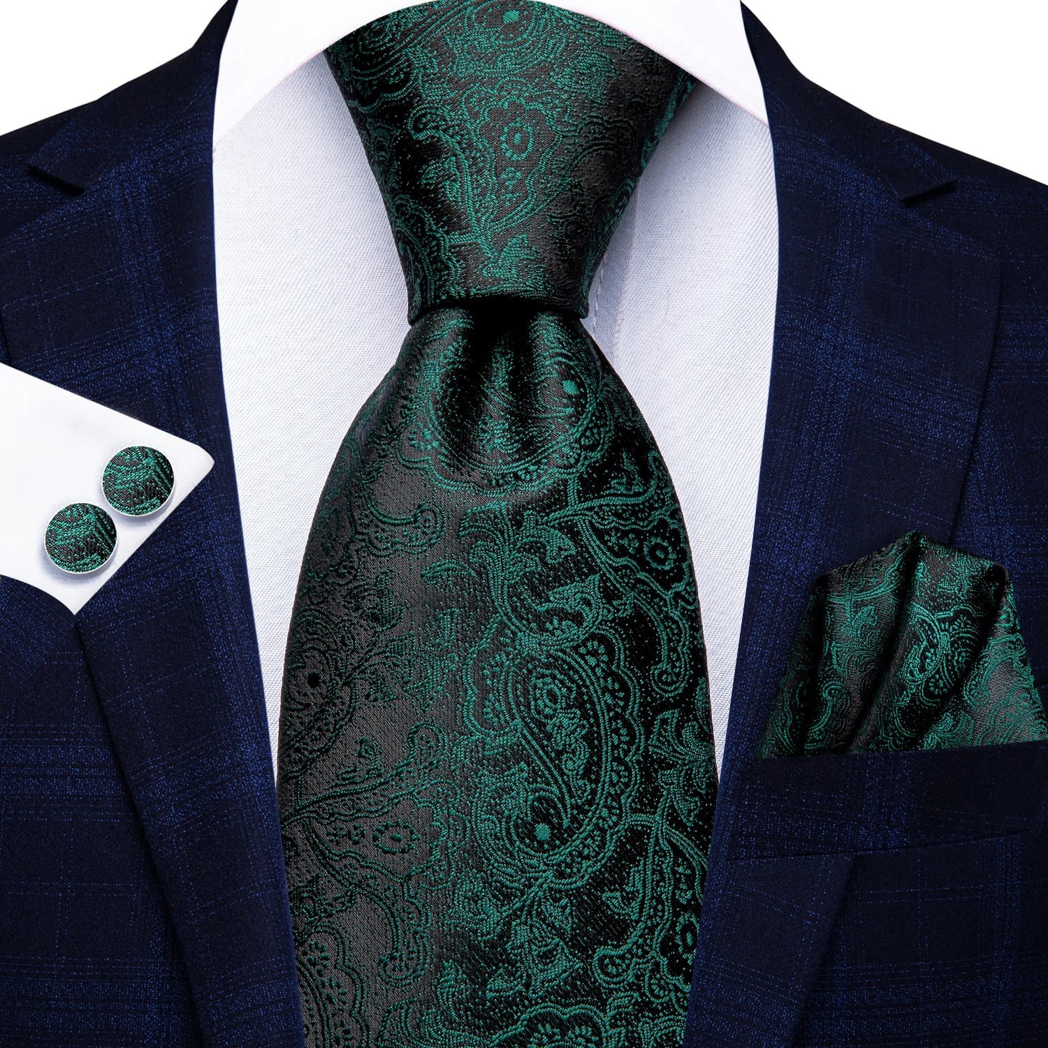 Hi-tie Paisley Dark Green Black Mens Elegant Necktie Handkerchief Qme N-3816
