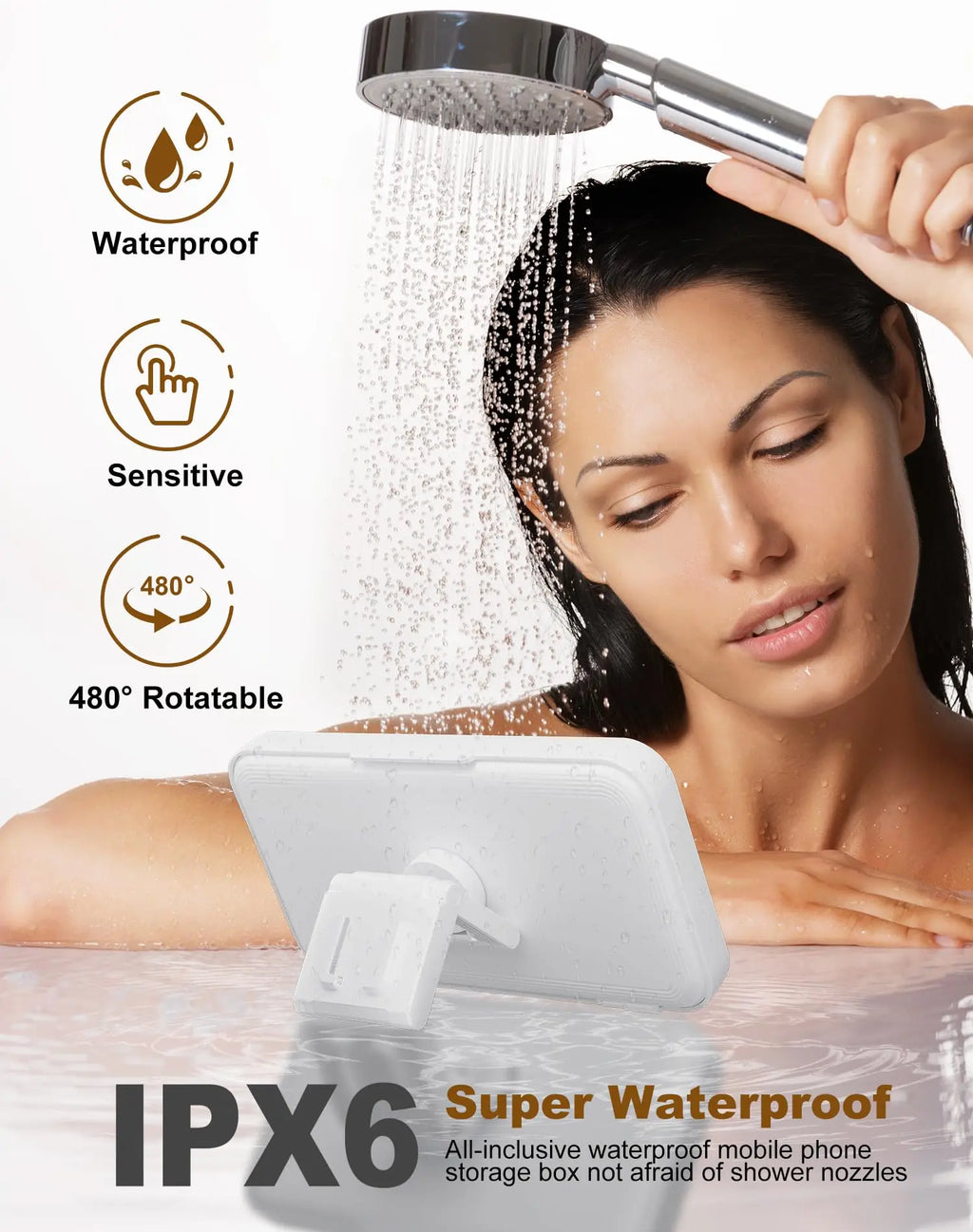 Shower Phone Holder with Speaker 480 Rotation, Wall Phone Mount for Shower Waterproof Anti Fog Shower Case for 4-7" Phones Qme
