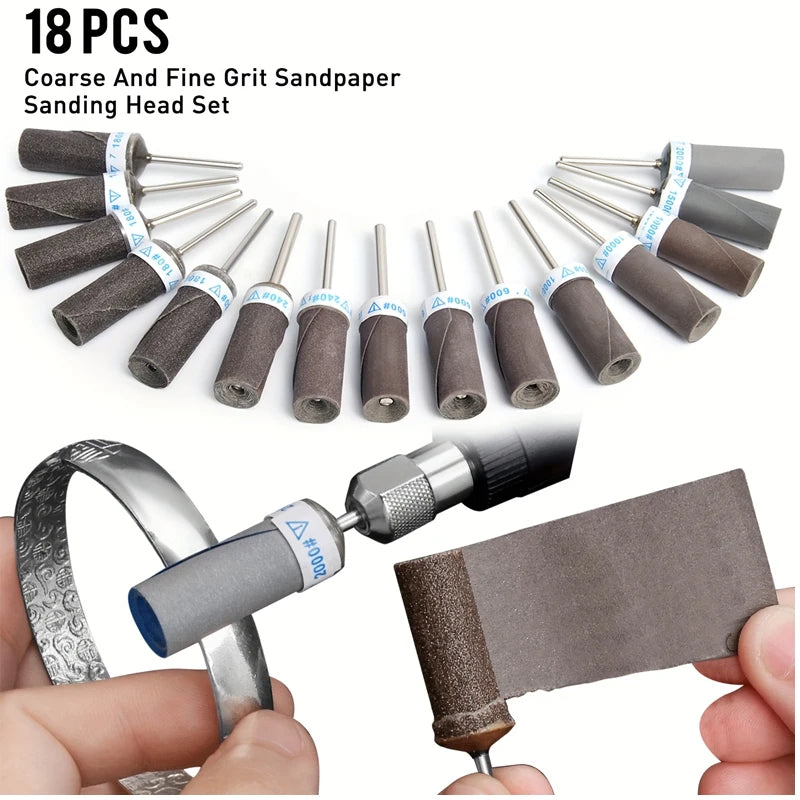 18pcs Sanding Drum Set with 1/8" Shank, Multiple Grits (180/240/600/1000/1500/2000) - Ideal for Metal Rust Removal and Stone Gri Qme