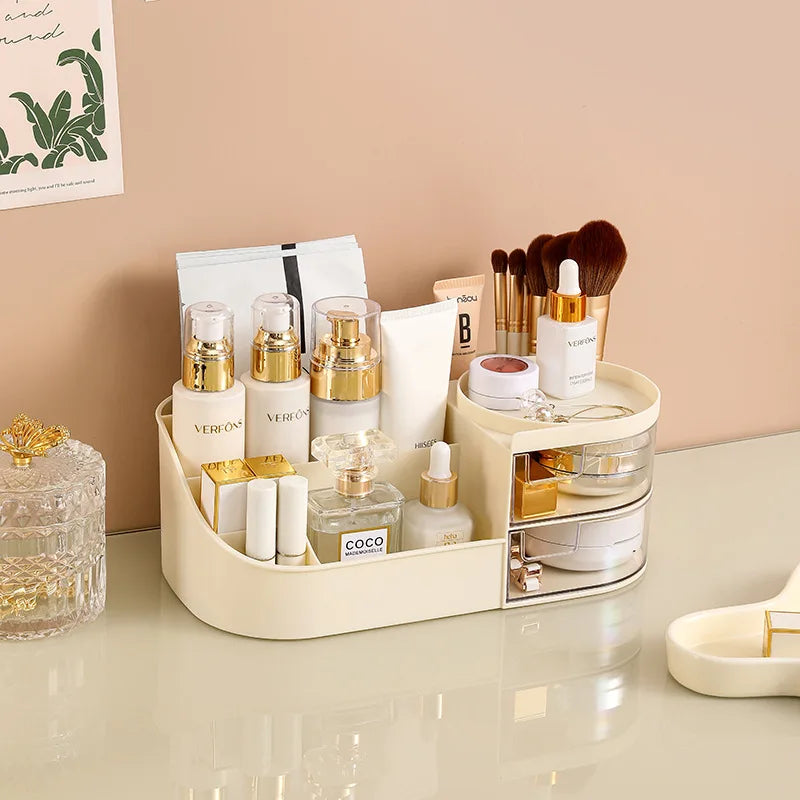 Makeup Storage Box With Mirror Desktop Dressing Table Makeup Mirror Cosmetics Jewelry Storage Box Touch Light Storage Organizer Qme MCreamWht