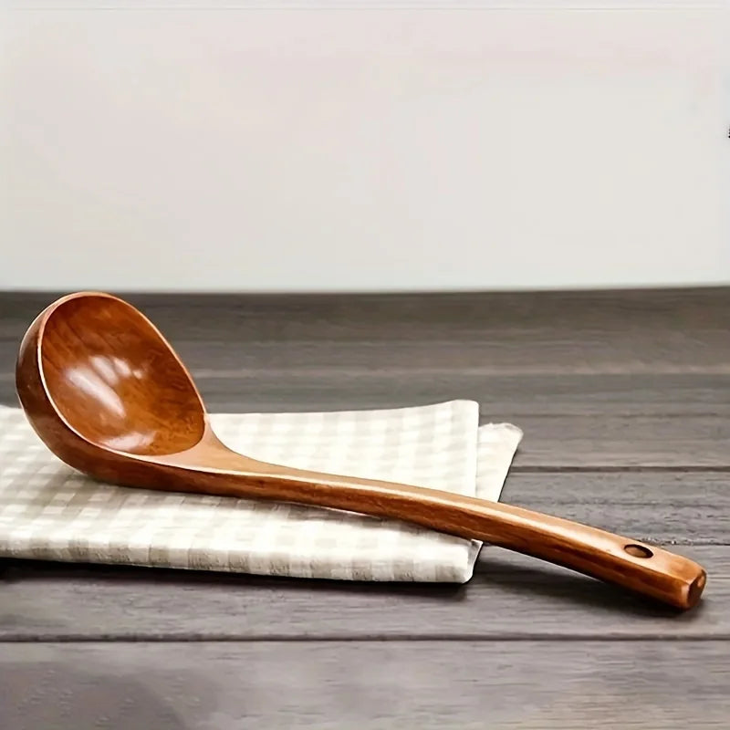 Solid Wood Soup Spoon Long Handle Cooking Ladle Non-scratch Kitchen Utensil Heat Resistant Wooden Serving Spoon for Hot Pot Qme