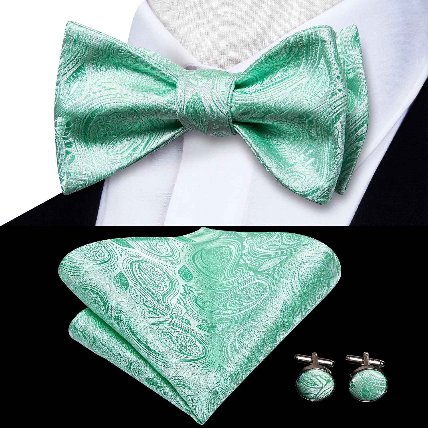 Hi-tie Silk Mens Self Bow Tie Hanky Cufflinks Blue Red Gold Black Qme LH-2044