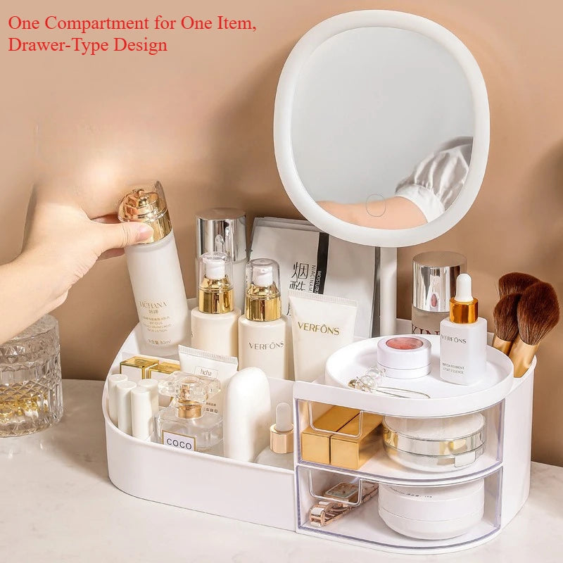Makeup Storage Box With Mirror Desktop Dressing Table Makeup Mirror Cosmetics Jewelry Storage Box Touch Light Storage Organizer Qme