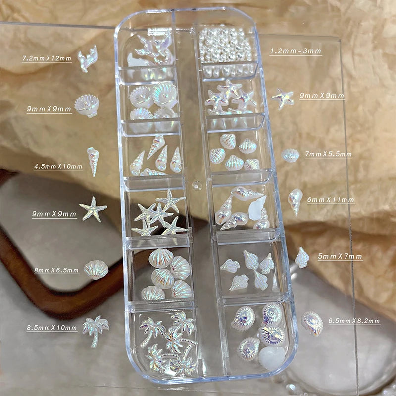 12 Grids Box Aurora Nail Charm Shell Starfish Mermaid Tail 3d Art Qme White