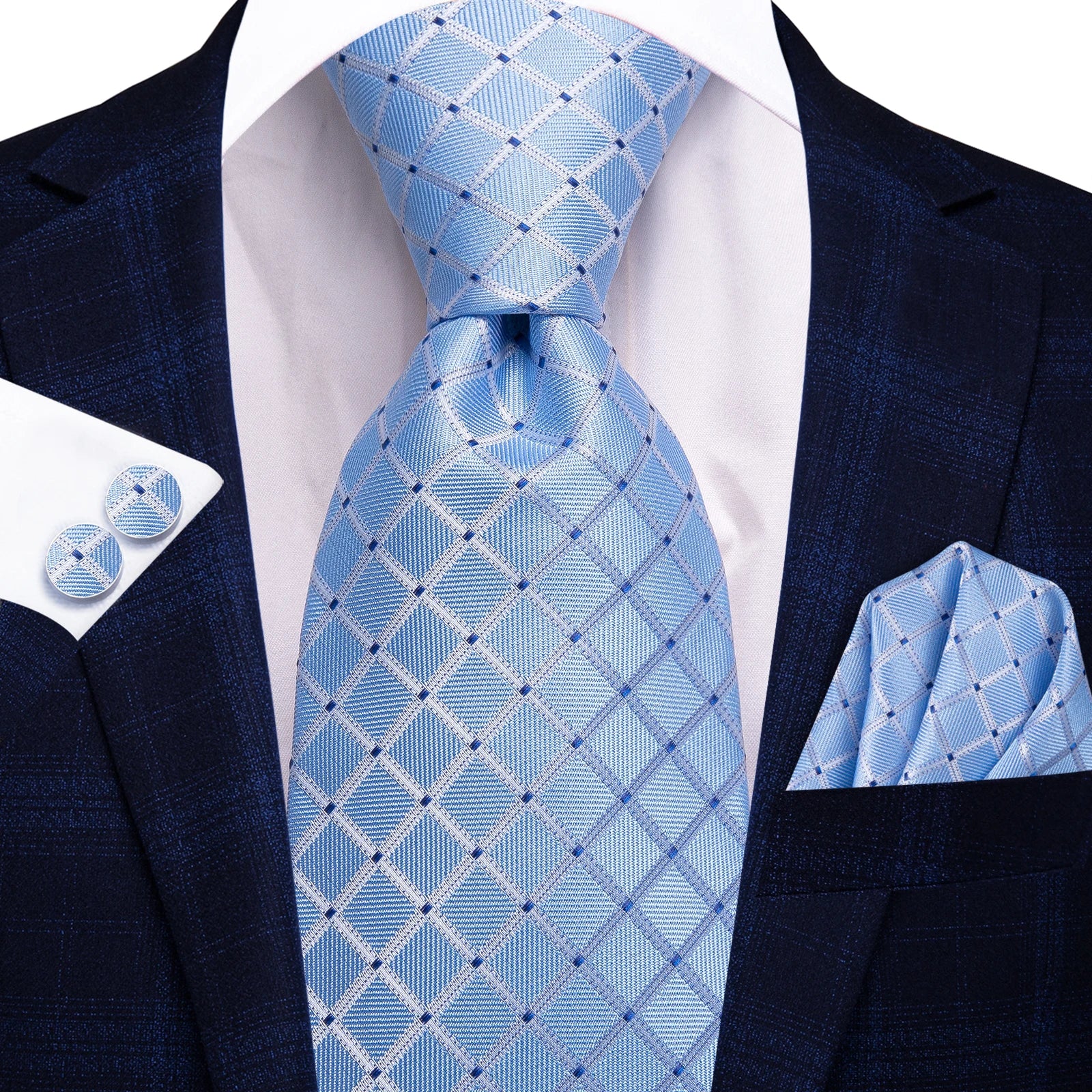 Hi-Tie Fashion 8.5cm Blue Plaid Dots Men's Elegant Tie Handkerchief Cufflinks Set Wedding Party Accessories Gift for Men Gravats Qme HT-N-3969