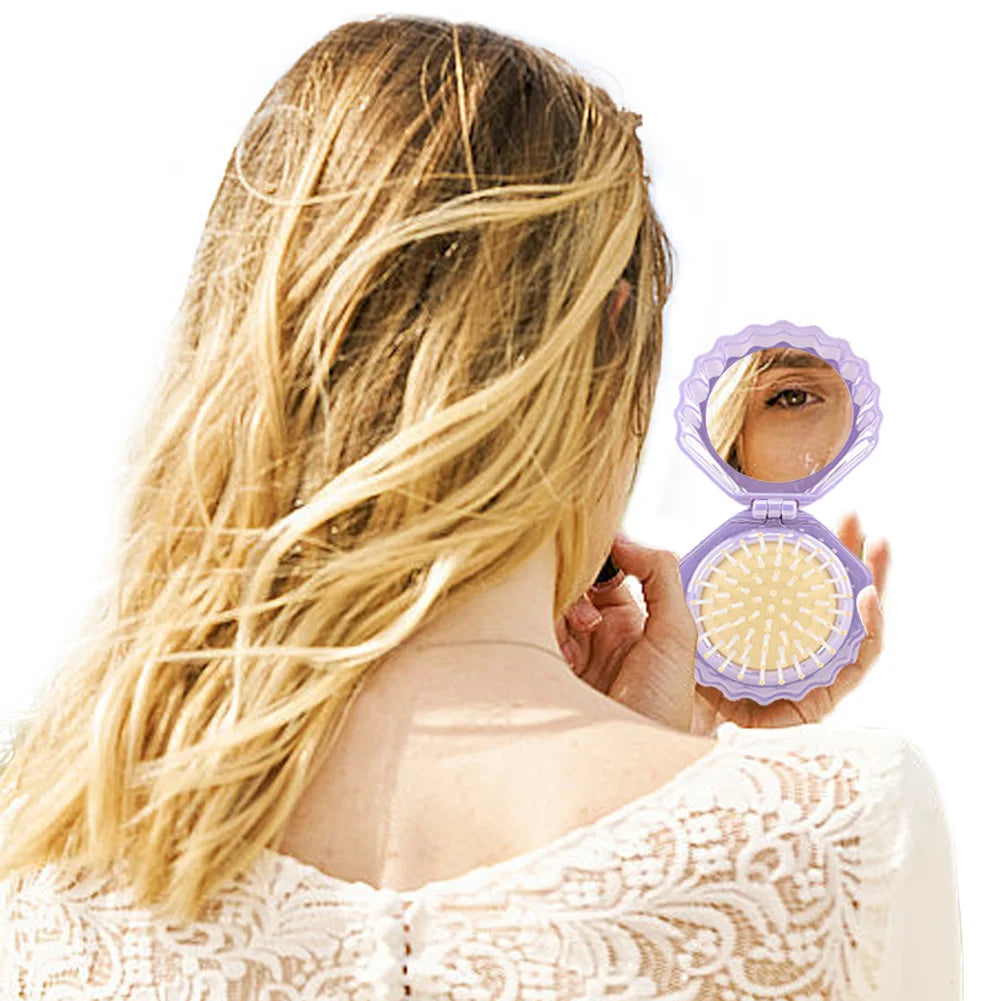 Foldable Shell Shape Comb Travel Hair Brush with Mirror Folding Pocket Hair Brush Portable Mini Hair Comb Hair Styling Tools Qme