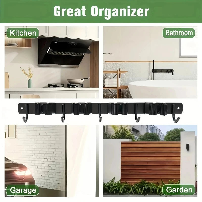 1 Heavy-Duty Metal Tool Rack with 4 Slots and 5 Hooks - Wall-Mounted Garden Tools, Broom, Mop and Garage Equipment, Tool Rack St Qme
