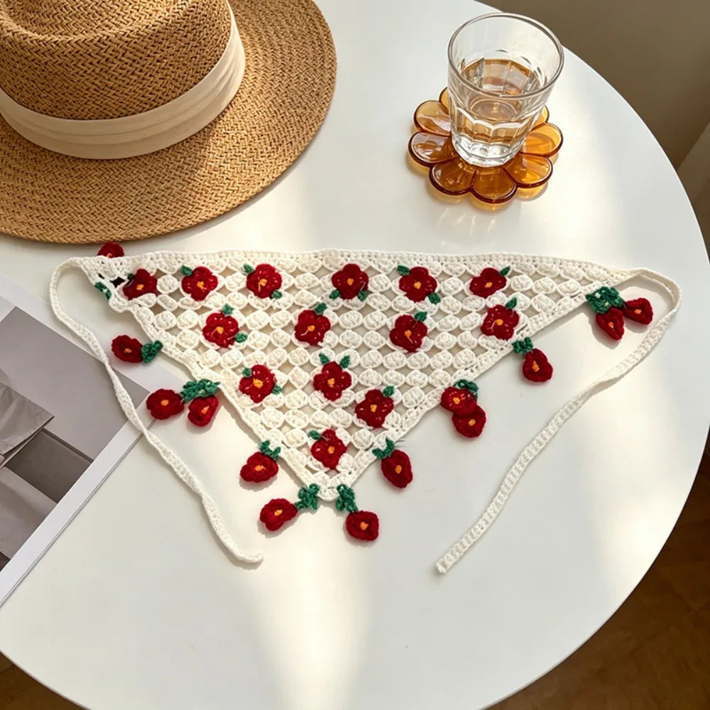 Cute Floral Knitted Flower Headband French Countryside Style Triangle Turban Bohemian Pastoral Women Hair Scarf Girls Qme Red
