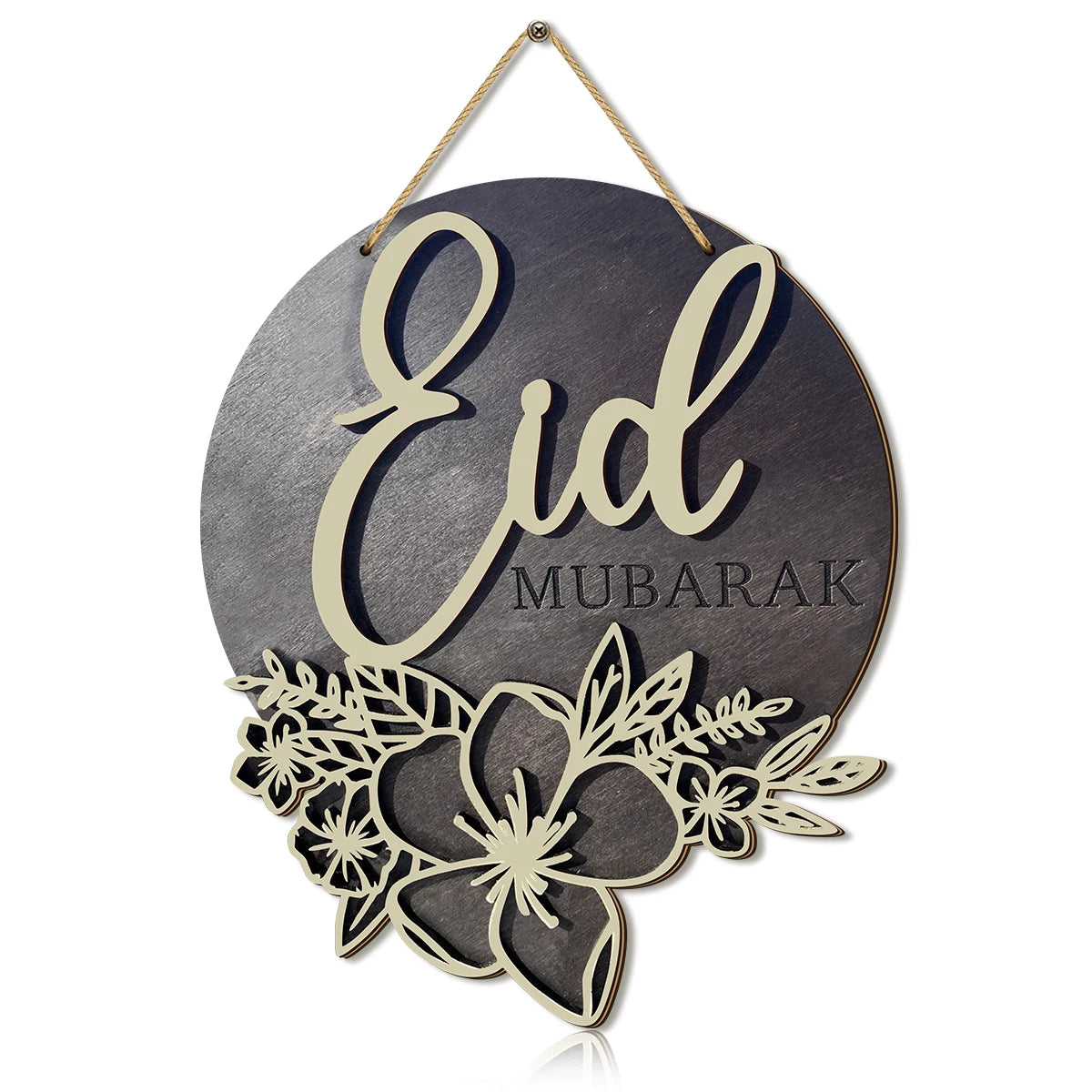 1PC Ramadan wooden wall decoration, Islamic style black Eid Mubarak hollow flower pattern, Eid al Fitr blessing decoration Qme