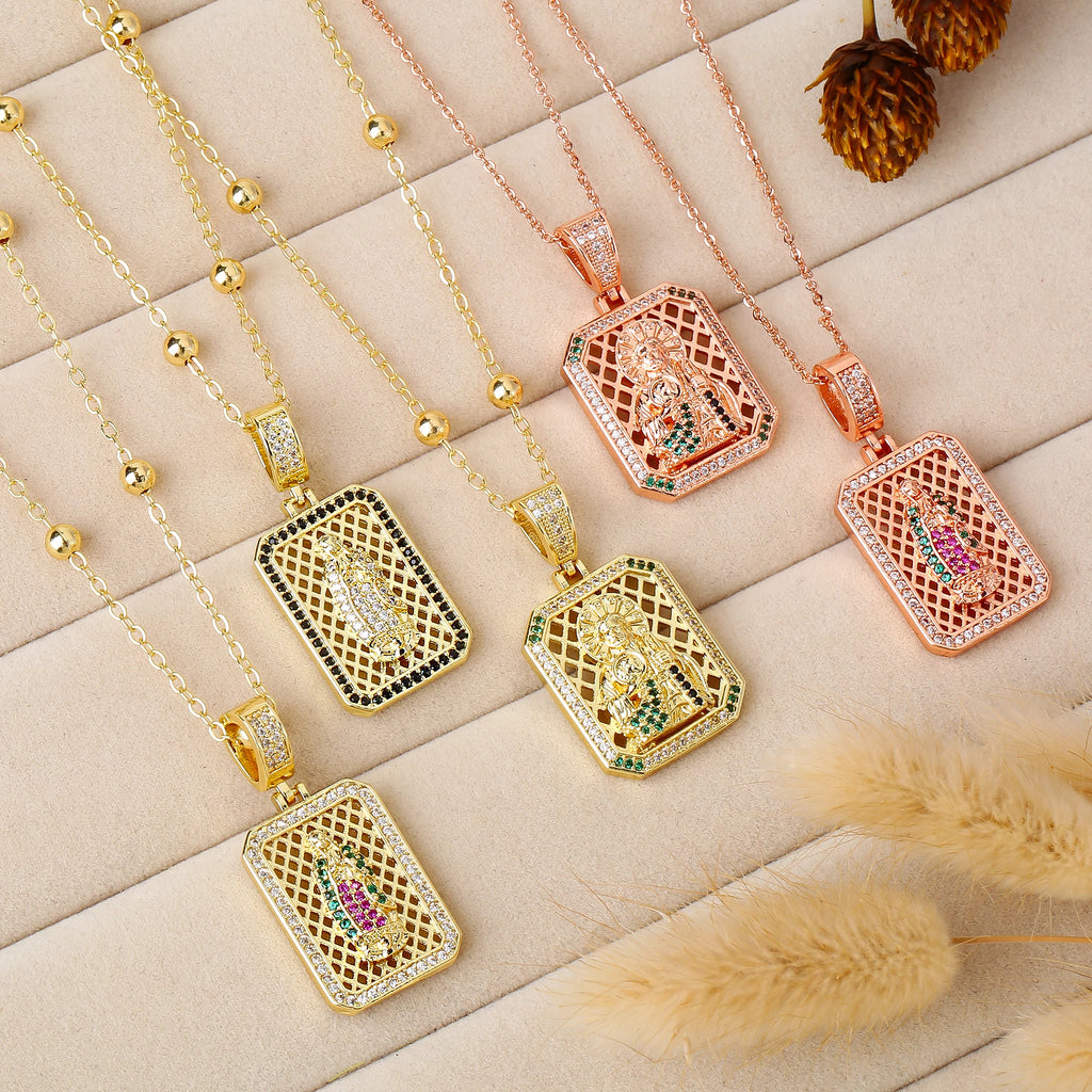 Square Hollow Virgen De Guadalupe Multicolor Zircon Pendant Necklace Catholic Religious Protection Jewelry For Women Daily Wear Qme