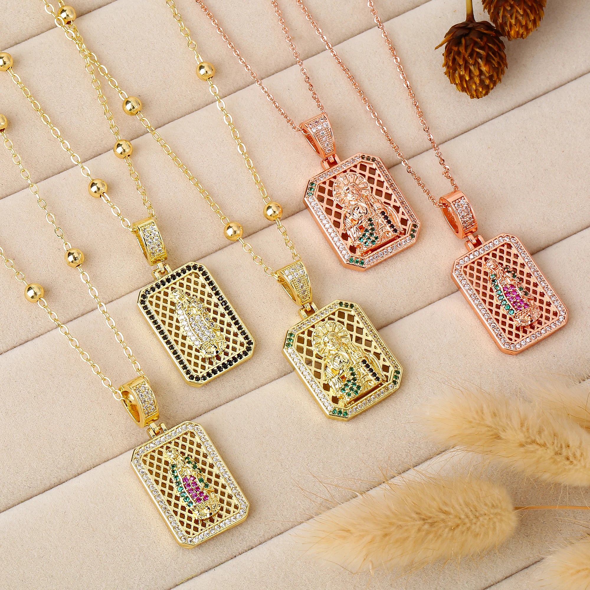 Square Hollow Virgen De Guadalupe Multicolor Zircon Pendant Necklace Catholic Religious Protection Jewelry For Women Daily Wear Qme