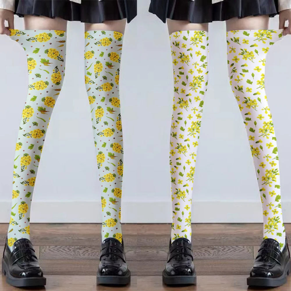 Rapeseed Flower Print Ladies Socks Fashion Stockings Casual Polyester Qme