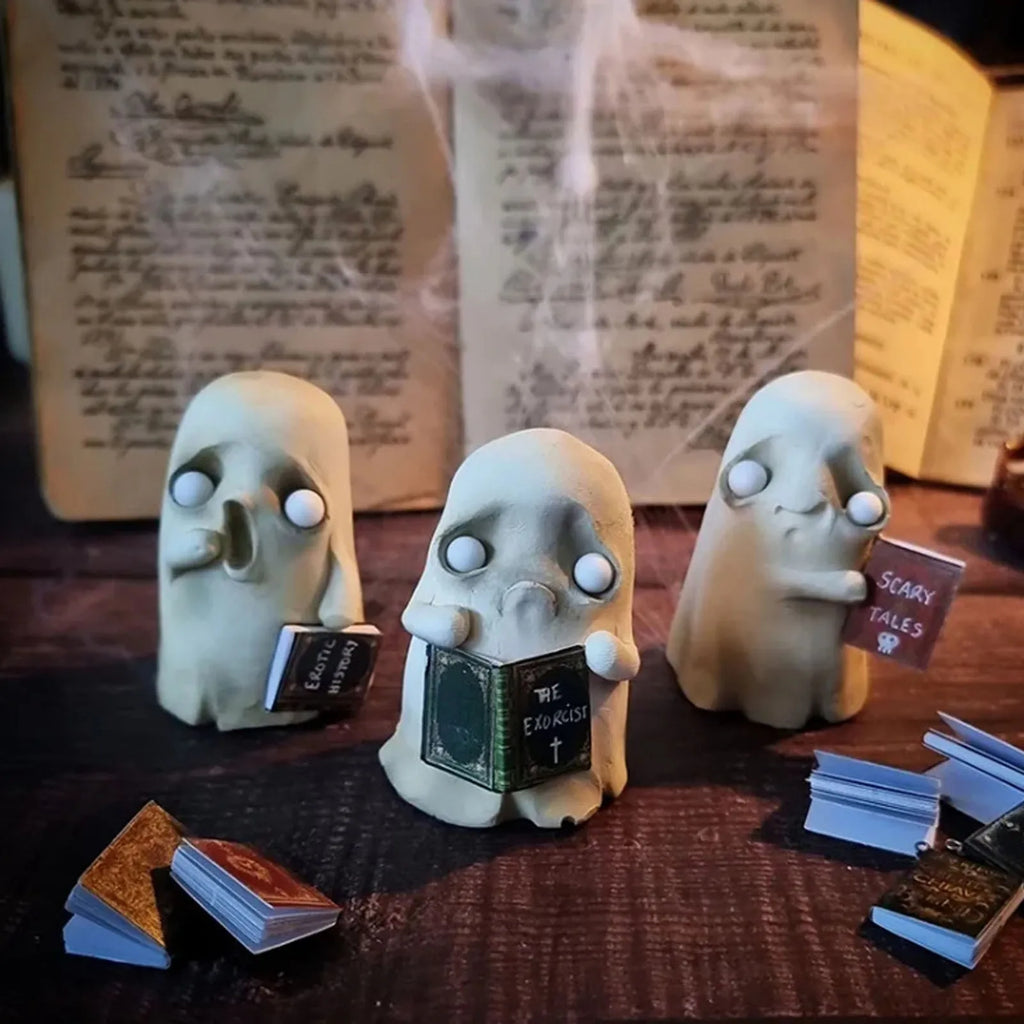 Halloween Horror Ghost Reading Book Resin Ornaments Funny Cute Little White Ghost Accessories Halloween Party Supplies Qme
